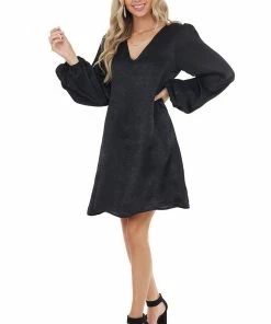 Caramela Black Satin Relaxed Fit Dress With Long Bubble Sleeves Dresses 28 Caramela Black Satin Relaxed Fit Dress With Long Bubble Sleeves Dresses