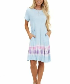 FSL APPAREL Dresses Baby Blue Tie Dye Short Sleeve Swing Knit Dress With Pockets
