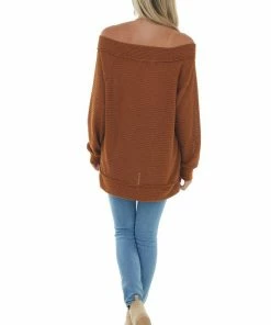 FSL APPAREL Tops Pumpkin Spice Off Shoulder Loose Knit Top