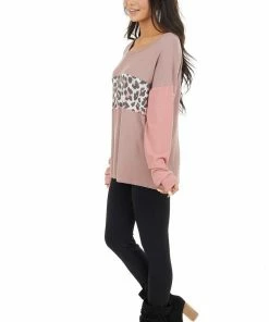 HOPELY Tops Dusty Rose Leopard Print Colorblock Long Sleeve Top