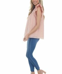 Entro Blush Gingham Ruffle Cap Sleeve Notch Neck Top Tops 20 Entro Blush Gingham Ruffle Cap Sleeve Notch Neck Top Tops