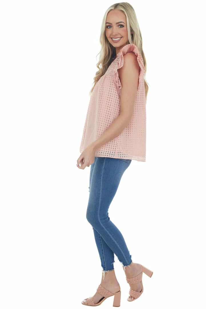 Entro Blush Gingham Ruffle Cap Sleeve Notch Neck Top Tops 11 Entro Blush Gingham Ruffle Cap Sleeve Notch Neck Top Tops