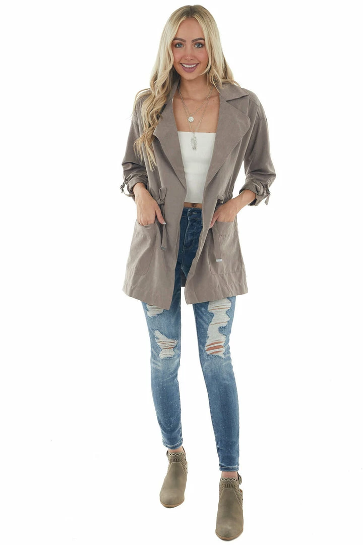 Be Cool Light Taupe Suede Drawstring Trench Jacket Outerwear 18 Be Cool Light Taupe Suede Drawstring Trench Jacket Outerwear