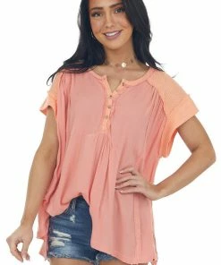 Davi & Dani Coral And Salmon Button Front Flowy Blouse Tops