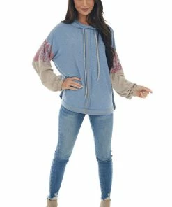 Ces Femme Tops Slate Blue Colorblock Cowl Neck Knit Top