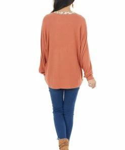 First Love Terracotta Leopard Colorblock Long Dolman Sleeve Knit Top