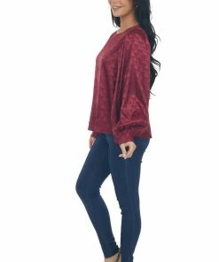 Vine & Love Tops Maroon Checkered Long Sleeve Satin Blouse