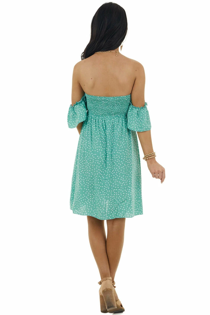 EPretty Light Juniper Polka Dot Off The Shoulder Dress With Ruching Dresses 18 EPretty Light Juniper Polka Dot Off The Shoulder Dress With Ruching Dresses