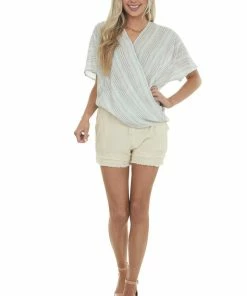 Lime 'N' Chili Tops Off White Multicolor Striped Surplice Top With Short Sleeves