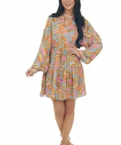 Entro Dusty Arctic Blue Floral Print Peasant Dress Dresses