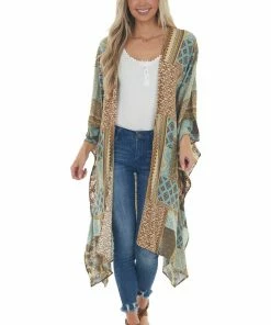 Easel Kimonos Powder Blue Abstract Multicolor Loose Flowy Kimono