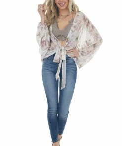 Entro Kimonos Latte Printed Front Tie Woven Kimono