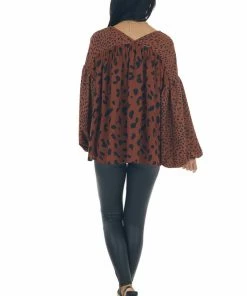 Hailey & Co Tops Cinnamon Leopard Print Babydoll V Neck Blouse