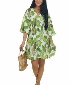Entro White And Lime Leaf Print Half Sleeve Dress Dresses