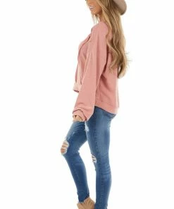 Chrysanthemum Dusty Coral Stretchy Long Sleeve Top With Raw Edge Details
