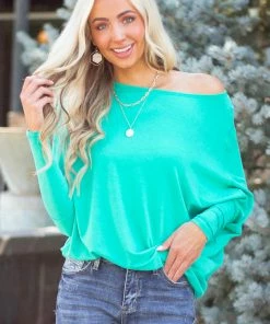 Charlotte Avery Tops Aquamarine Round Neck Top With Long Dolman Sleeves