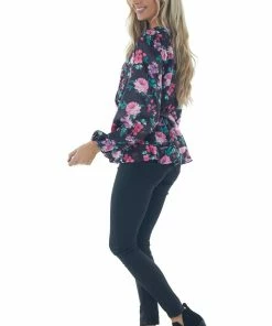 Peach Love Black Floral Print Satin Surplice Top With Tie