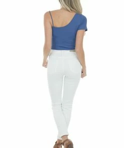 Peach Love Tops Sapphire Blue Asymmetrical Sleeved Ribbed Knit Bodysuit