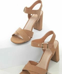 FORTUNE DYNAMIC Brown Sugar Criss Cross Strap Square Toe Heels Shoes