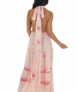 Honey Peach Dresses Cherry Blossom Tie Dye Halter Neck Maxi Dress