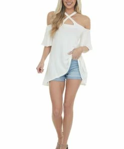 Fantastic Fawn Tops Ivory Flutter Sleeve Cold Shoulder Halter Top