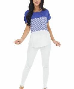 Staccato Tops Royal Blue And White Colorblock Striped Short Sleeve Top
