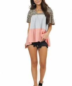 Main Strip Tops Grey Coral And Leopard Print Top With Criss Cross Neckline