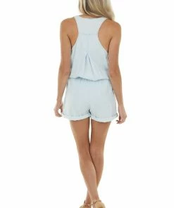 Trend Notes Dresses Pastel Blue Sleeveless Drawstring Romper With Side Pockets
