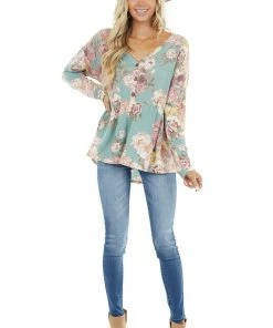 Bluivy Tops Sage Floral Print Babydoll Top With Button Front Detail