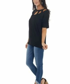 BiBi Tops Black Short Sleeve Knit Top With Caged Neckline 31 BiBi Tops Black Short Sleeve Knit Top With Caged Neckline