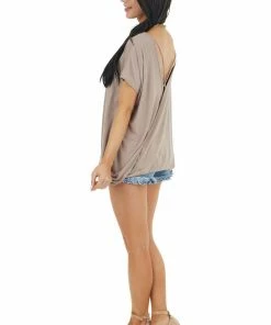 CY Fashion Mocha Short Sleeve Knit Top With Back Draped Twist Detail Tops
