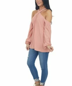 143 Story Hazy Coral Cold Shoulder Long Sleeve Top With Crossed Neck