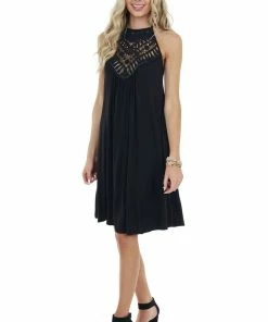CY Fashion Onyx Black Short Dress With Lace Front And Keyhole Back Dresses