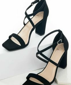 FORTUNE DYNAMIC Black Square Toe High Heels With Ankle Strap Shoes