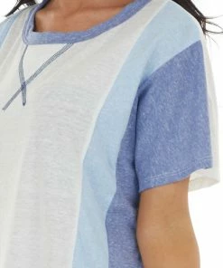 BiBi Tops Ivory And Blue Colorblock Tee With Short Sleeves