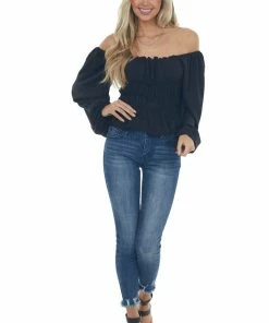 Entro Black Smocked Frill Puff Sleeve Bodysuit