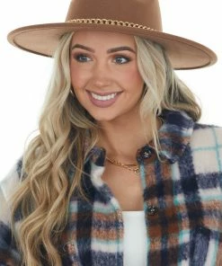 Fame Accessories Coffee Felt Flat Brim Western Style Hat With Chain Detail