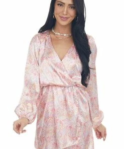 Peach Love Blush Paisley Surplice V Neck Satin Dress Dresses 29 Peach Love Blush Paisley Surplice V Neck Satin Dress Dresses