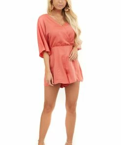 Wishlist Dresses Brick Red Short Sleeve Woven Surplice Romper