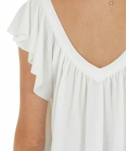 BucketList Ivory Pleated Flutter Sleeve Knit Top With V Neck