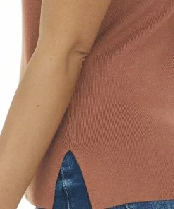 Eesome Cognac High Neckline Ribbed Knit Tank Top 25 Eesome Cognac High Neckline Ribbed Knit Tank Top