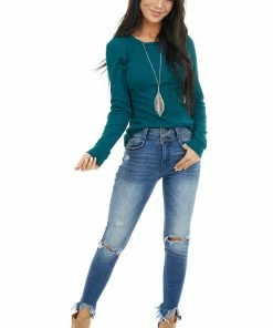 Heart & Hips Tops Pine Green Waffle Knit Top With Rounded Neckline