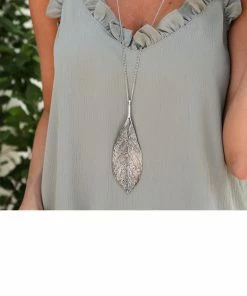 ZAD Accessories Antique Silver Long Textured Leaf Necklace