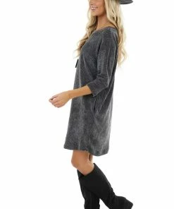 First Love Charcoal Chenille Knit Sweater Dress With 3/4 Dolman Sleeves