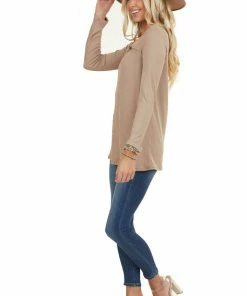 BiBi Taupe Soft Ribbed Long Sleeve Top With Neckline Cutout Tops