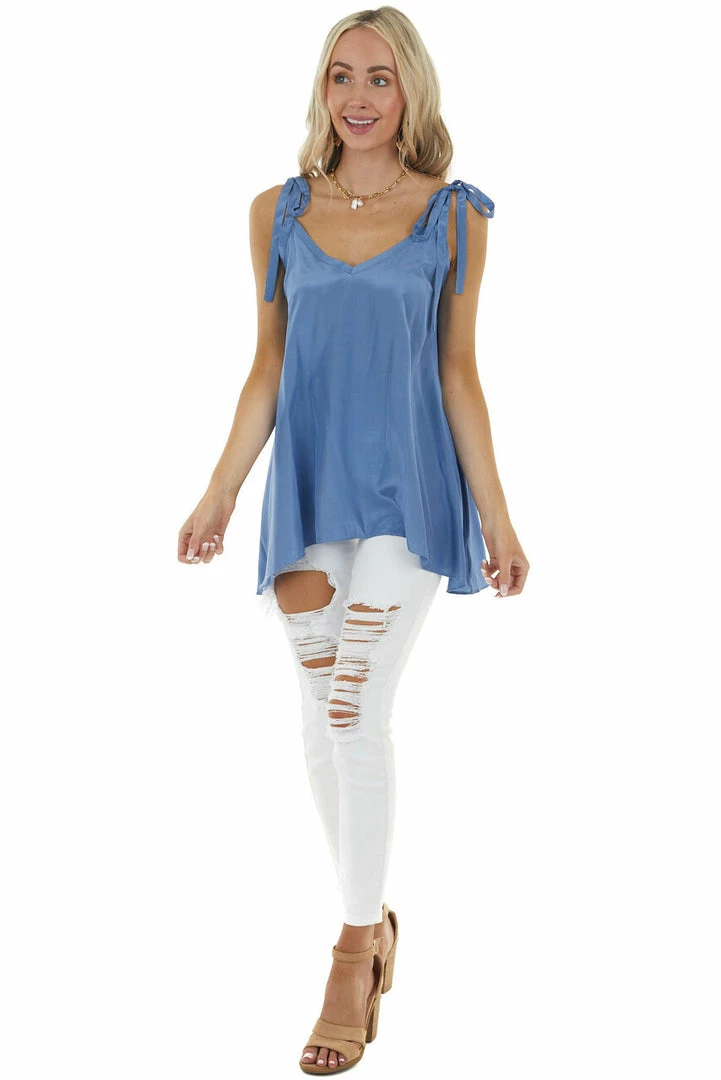 L Love Dusty Blue Sleeveless Woven Satin Blouse With Tie Straps Tops 15 L Love Dusty Blue Sleeveless Woven Satin Blouse With Tie Straps Tops