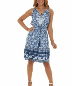 Davi & Dani Dusty Blue Floral Print Notch Neck Short Dress