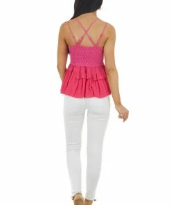 ZENANA Fuchsia Lace Peplum Ruffled Tank With Criss Cross Straps 33 ZENANA Fuchsia Lace Peplum Ruffled Tank With Criss Cross Straps