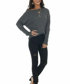 First Love Graphite Waffle Knit Boat Neck Long Cuff Top