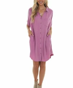 Eesome Dresses Fuchsia Mineral Wash Button Front Shirt Dress